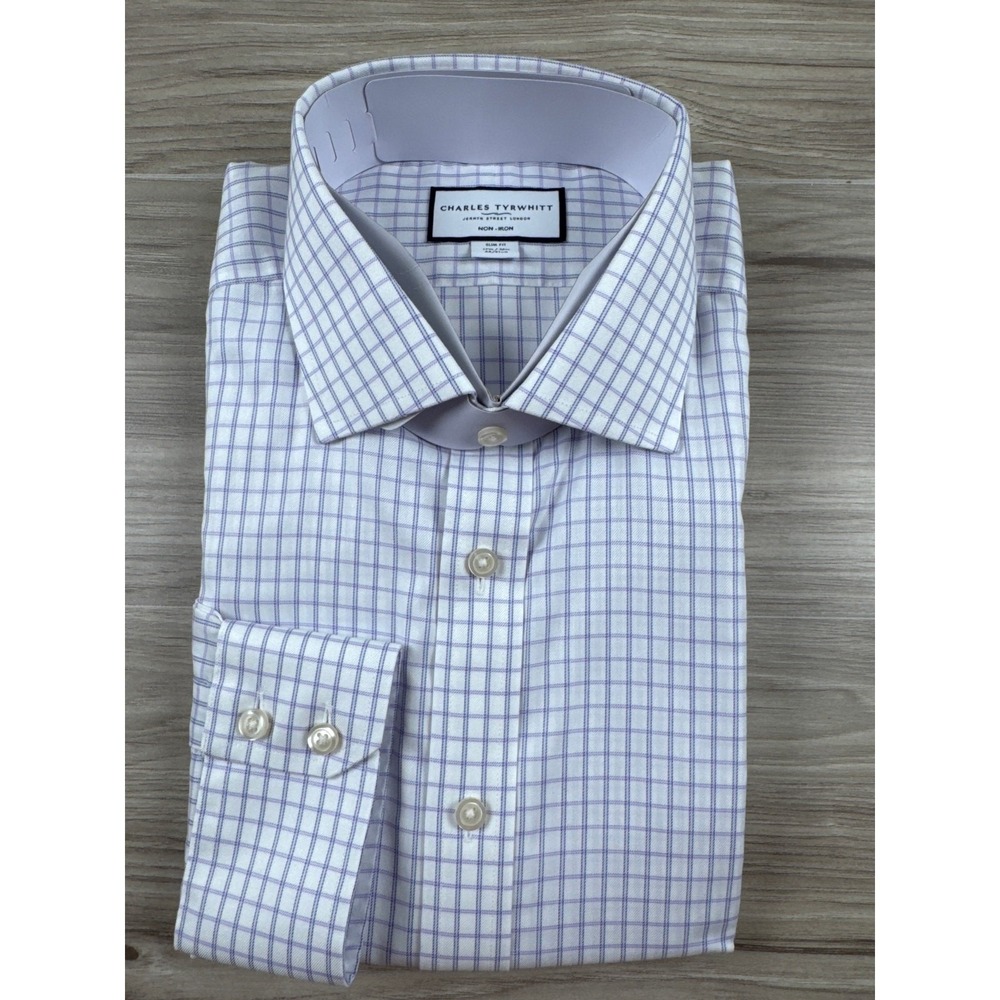 Charles Tyrwhitt Dress Shirt Lilac Purple Fine Check Slim Fit Shirt 17.5/36 NWT